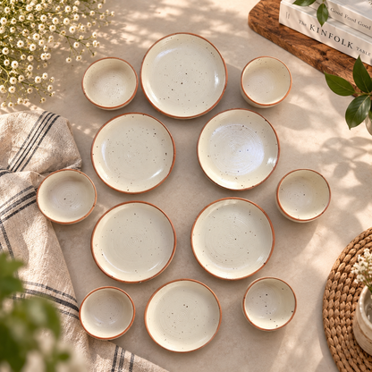 Rustic Speckled Ceramic Quarter Plate & Bowl Dining Set of 6 pc