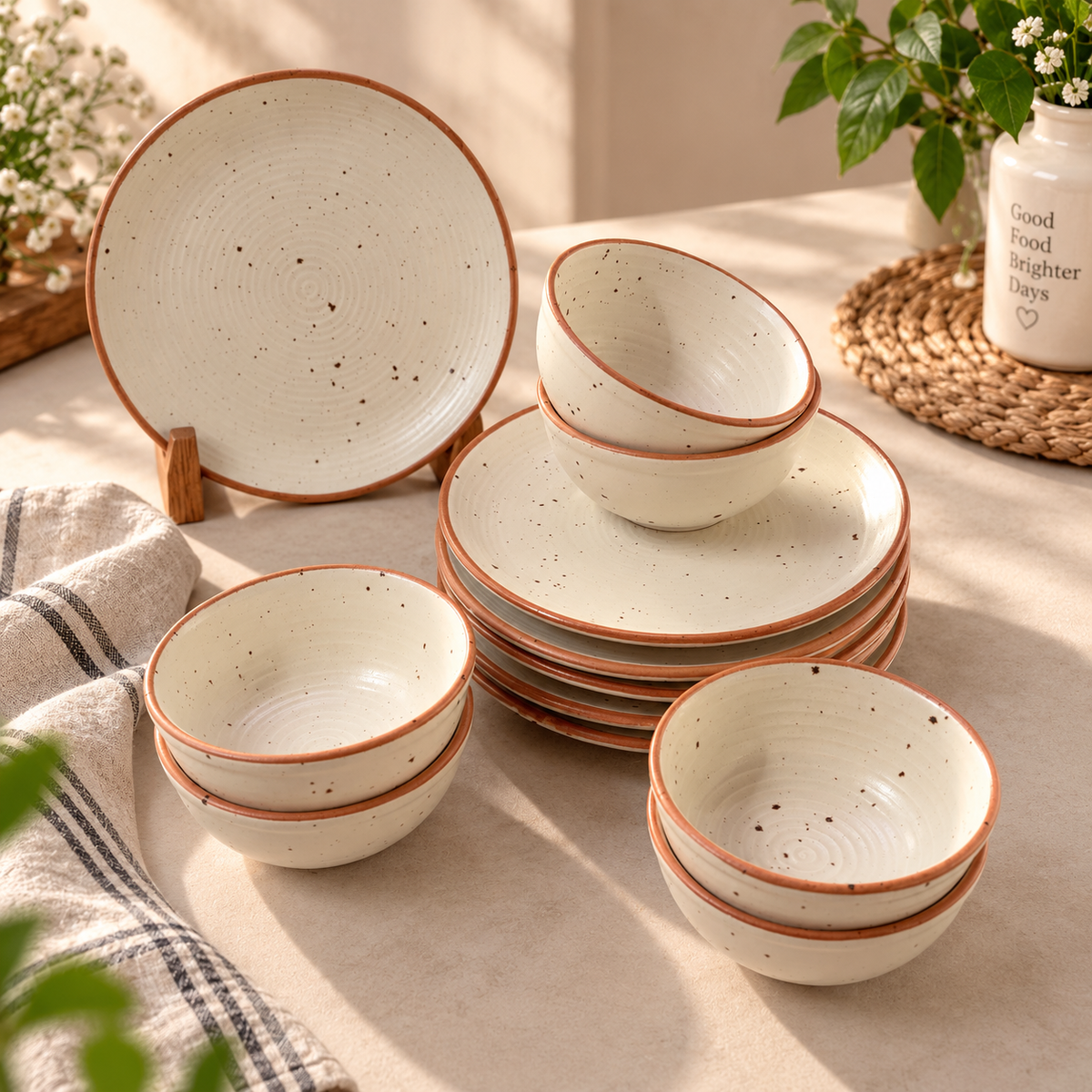 Rustic Speckled Ceramic Quarter Plate & Bowl Dining Set of 6 pc