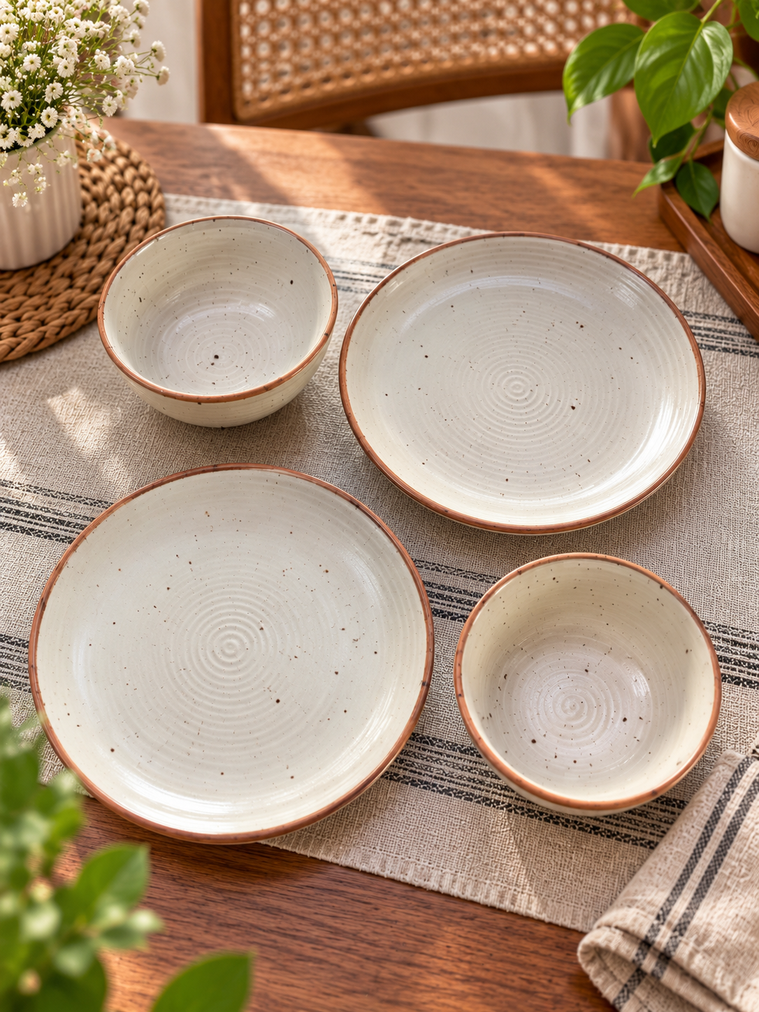 Rustic Speckled Ceramic Quarter Plate & Bowl Set – Set of 4