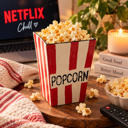 Netflix & Chill Ceramic Popcorn Tub – Red & White Striped Movie Night Bowl
