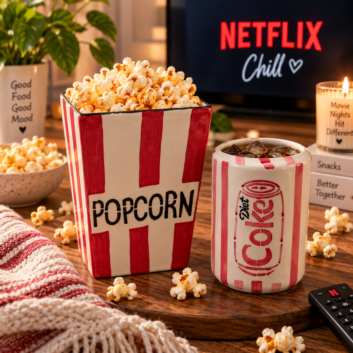 Netflix & Chill Ceramic Popcorn Tub & Diet Coke Sipper Combo – Set of 2
