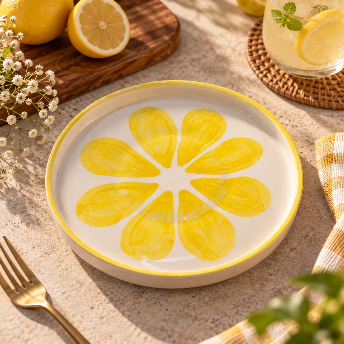 Sunny Lemon Hand-Painted Ceramic Pasta Plate – Yellow Citrus Design