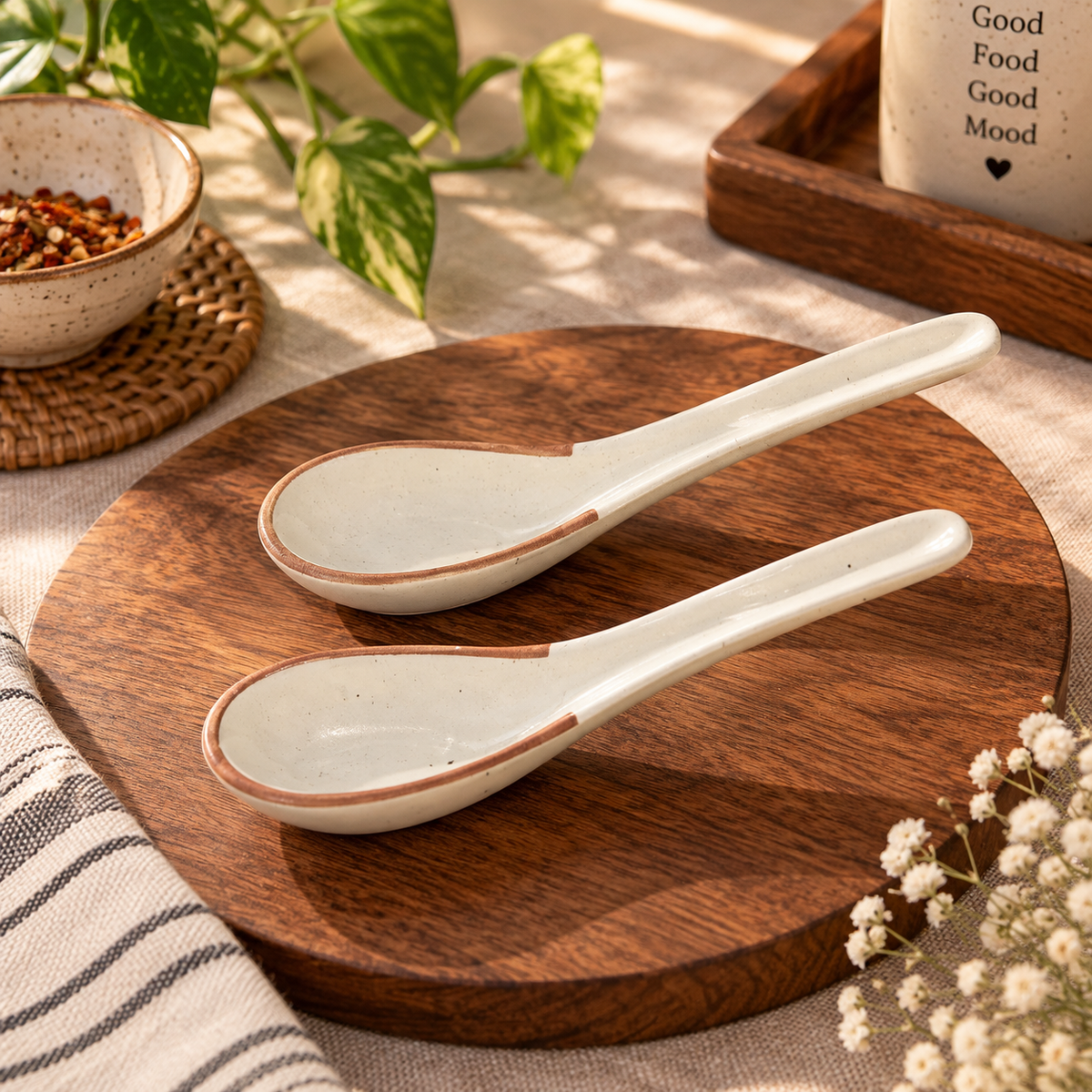 Rustic Speckled Ceramic Soup Spoons – Ivory & Terracotta – Set of 2
