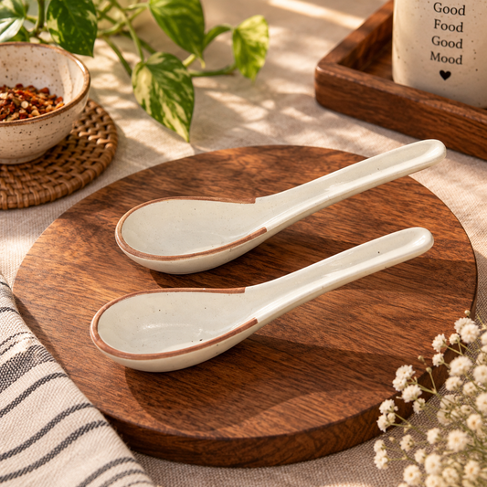 Rustic Speckled Ceramic Soup Spoons – Ivory & Terracotta – Set of 2