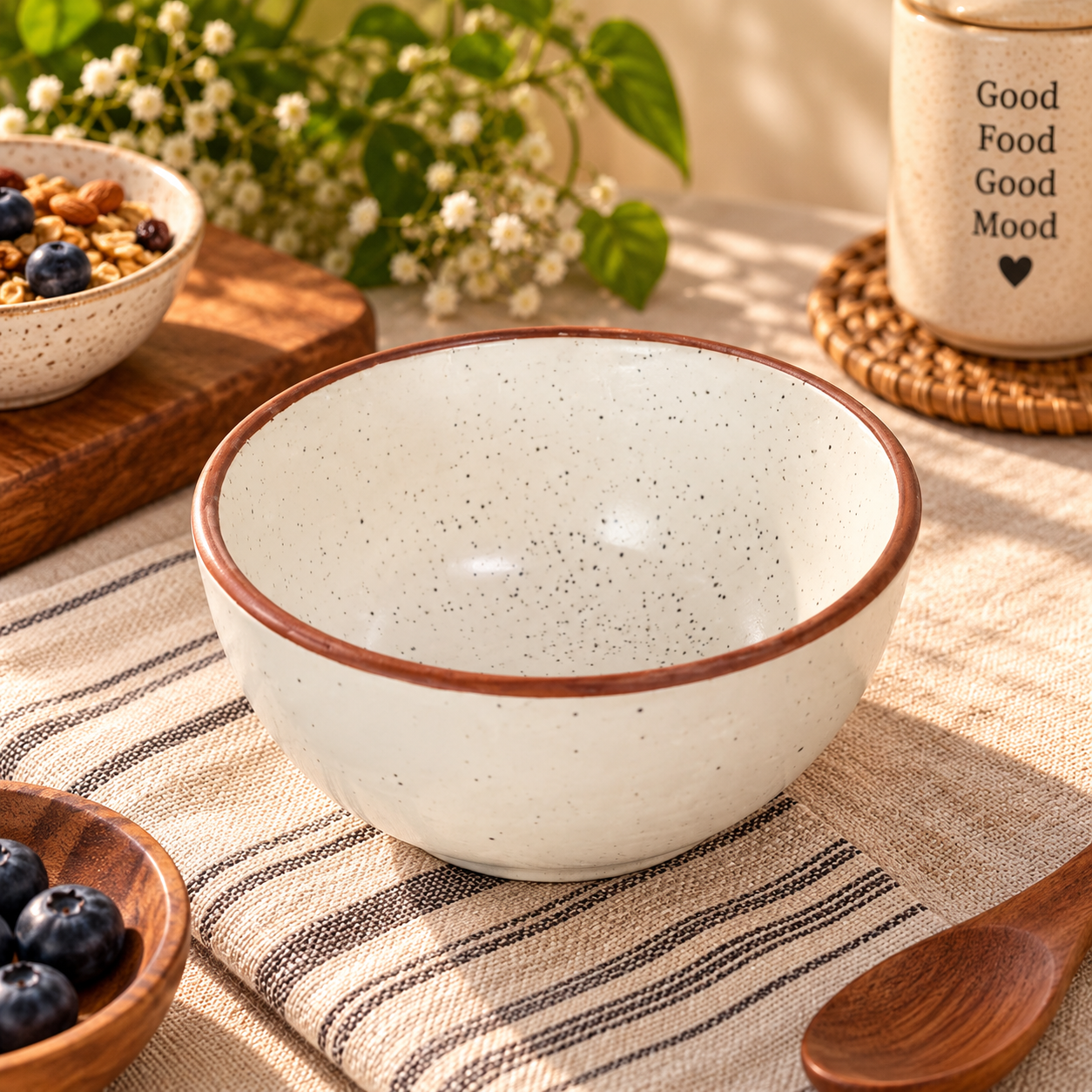 Rustic Speckled Ceramic Bowl – Ivory with Brown Rim