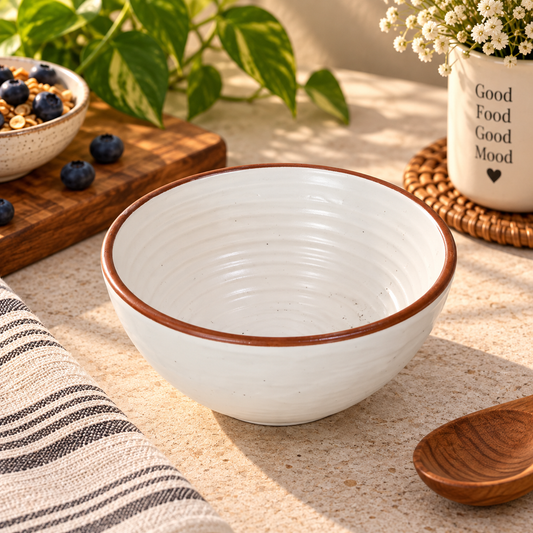 Rustic Ivory Ceramic Serving Bowl – Brown Rim