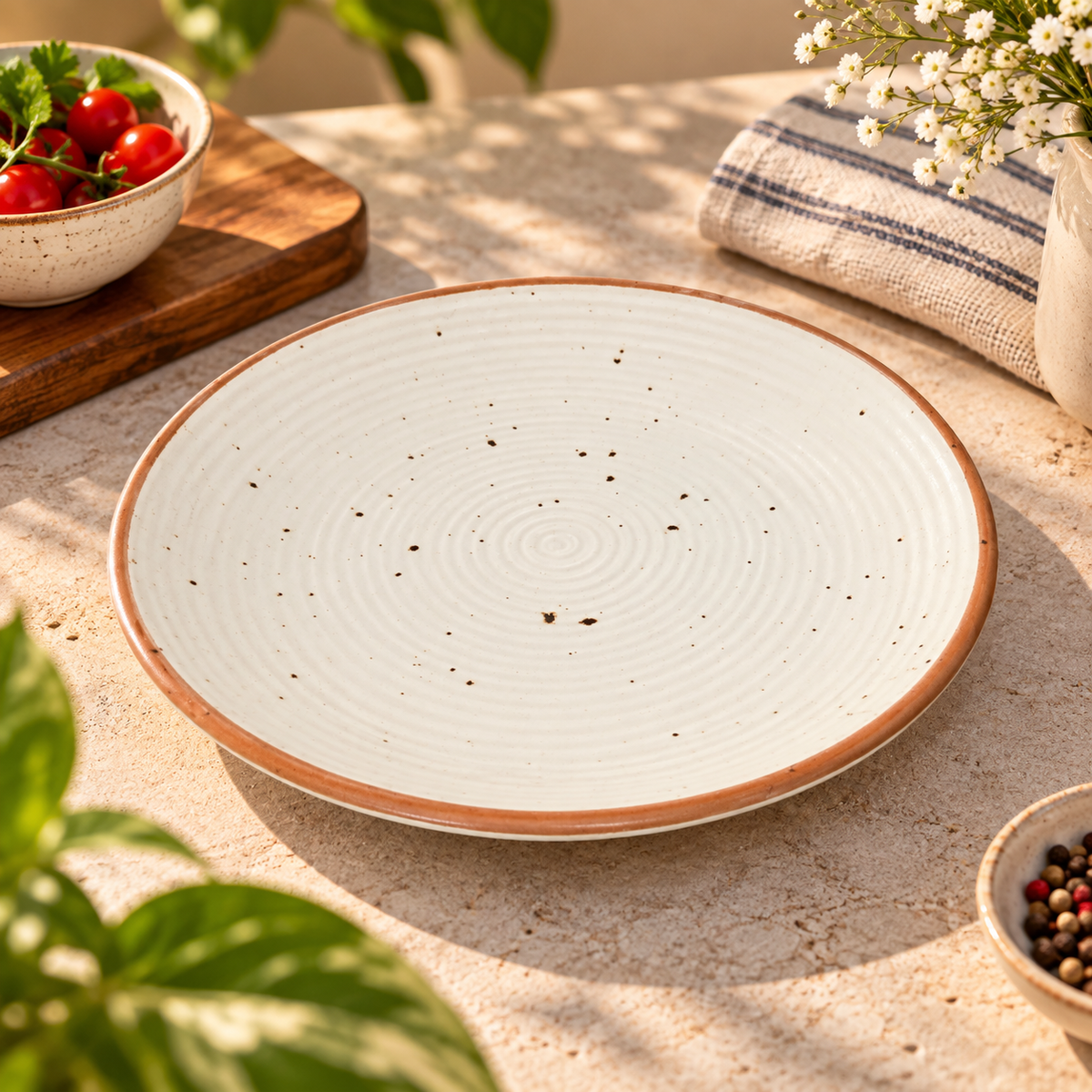 Rustic Speckled Ceramic Quater Plate – Ivory with Terracotta Brown Rim