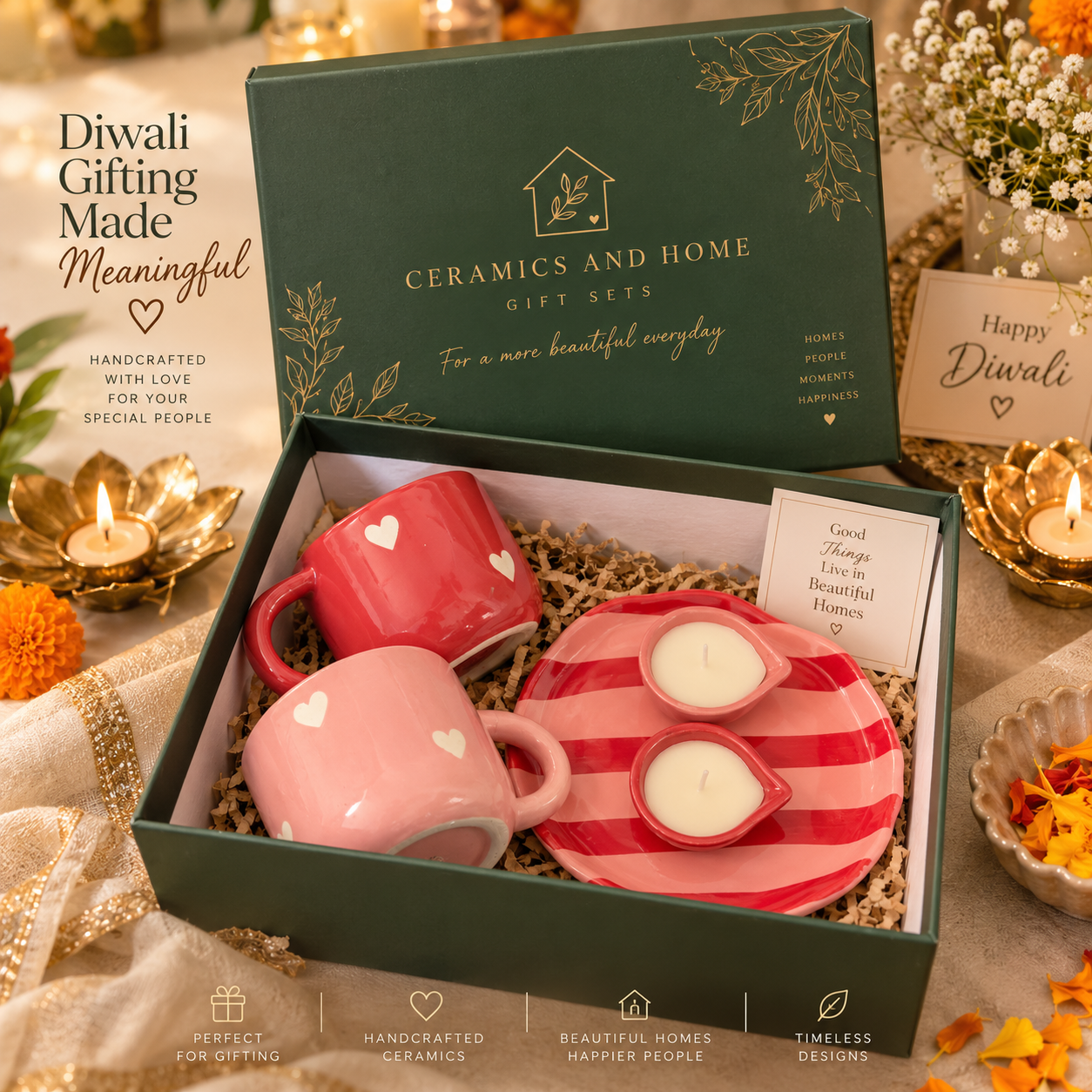 Love & Light Ceramic Diwali Gift Hamper – 2 Heart Mugs, Striped Plate & 2 Candle Diyas | Set of 5