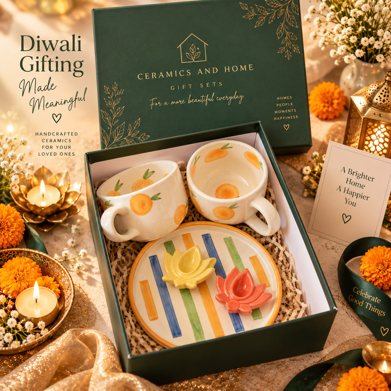 Orange Bliss Ceramic Diwali Gift Set – 2 Mugs, Striped Plate & 2 Lotus Diyas