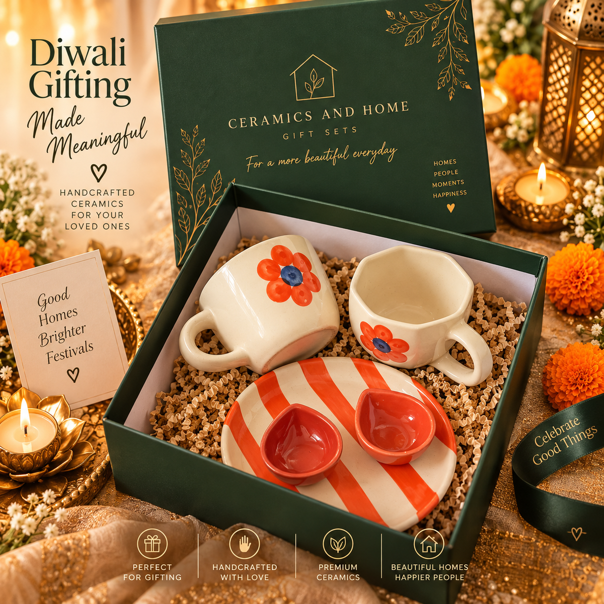 Floral Love Diwali Ceramic Gift Set – 2 Mugs, 1 Plate & 2 Diya Bowls