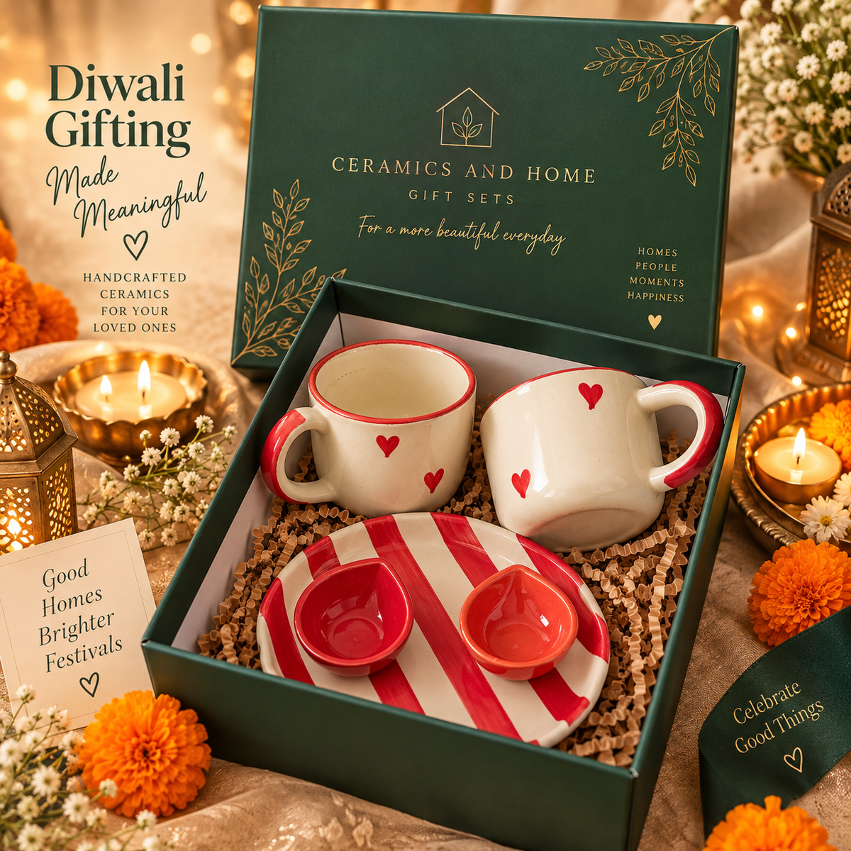 Red Heart Diwali Ceramic Gift Set – 2 Mugs, 1 Striped Plate & 2 Diya Bowls