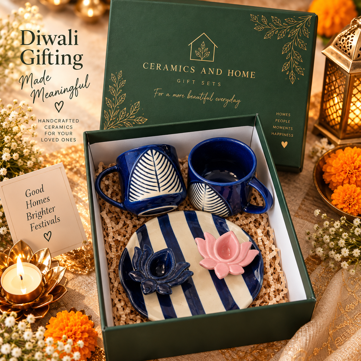 Royal Blue Leaf Diwali Ceramic Gift Set – 2 Mugs, Striped Plate & 2 Lotus Diyas