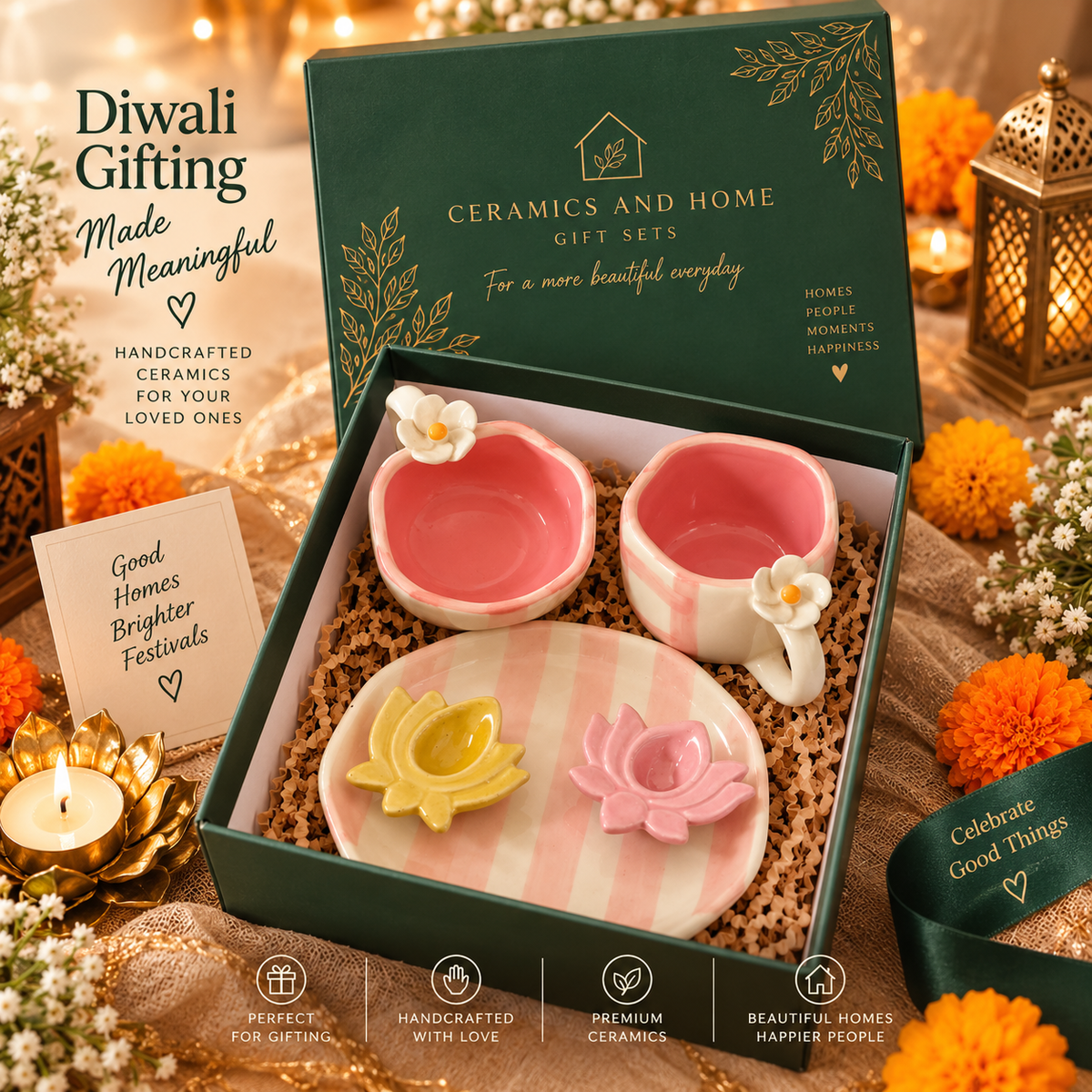 Blush Bloom Ceramic Diwali Gift Set – 2 Floral Cups, Striped Platter & 2 Lotus Diyas