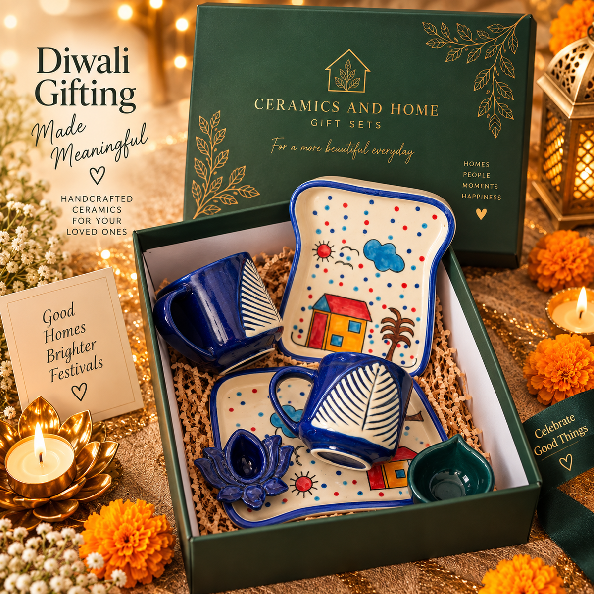 Blue Village Hand-Painted Ceramic Diwali Gift Set – 2 Mugs, 2 Plates & 2 Designer Diyas