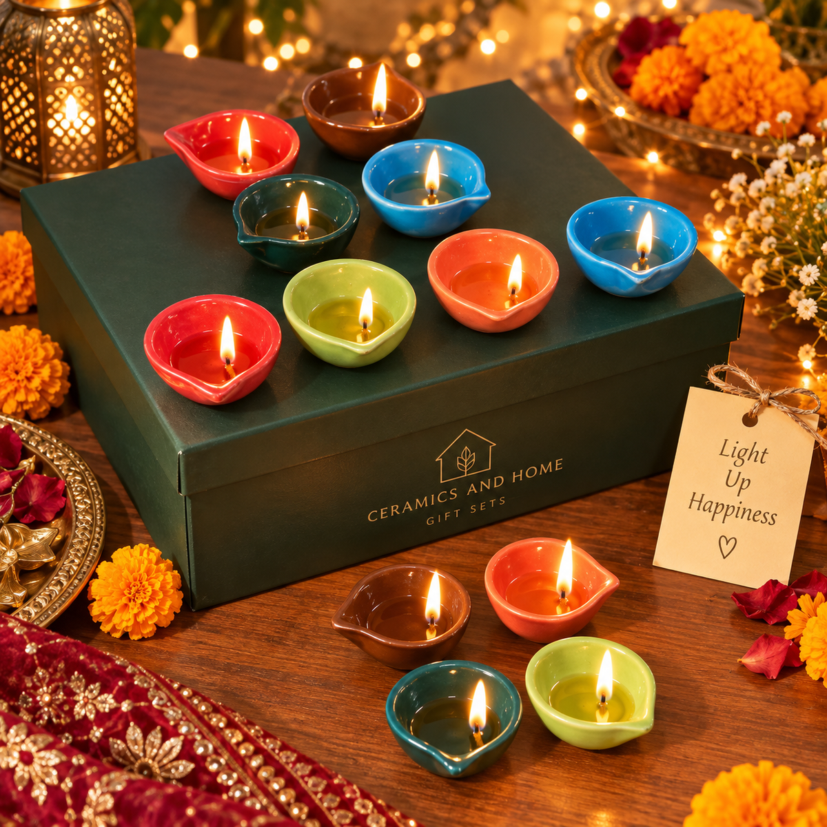 Multicolor Ceramic Diya Set of 12 | Handmade Festive Oil Lamps