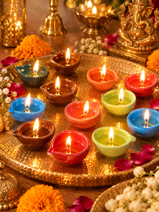 Multicolor Ceramic Diya Set of 12 | Handmade Festive Oil Lamps