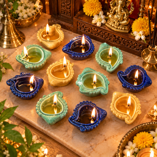 Royal Paisley Ceramic Diya Set of 12 – Multicolor Festive Oil Lamps