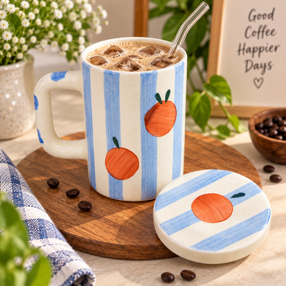 Orange Pop Handpainted Ceramic Mug with Lid – Blue Stripes