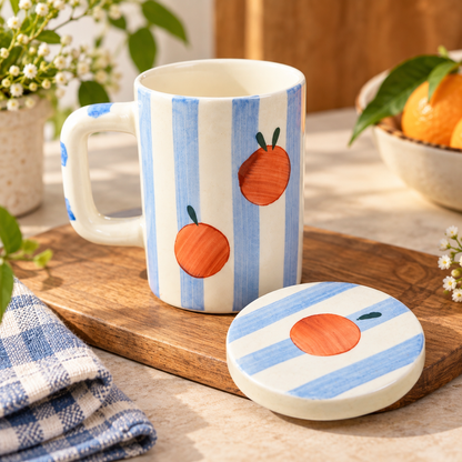 Orange Pop Handpainted Ceramic Mug with Lid – Blue Stripes