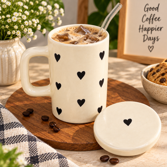 Black Heart Ceramic Mug with Lid – Aesthetic Coffee Mug