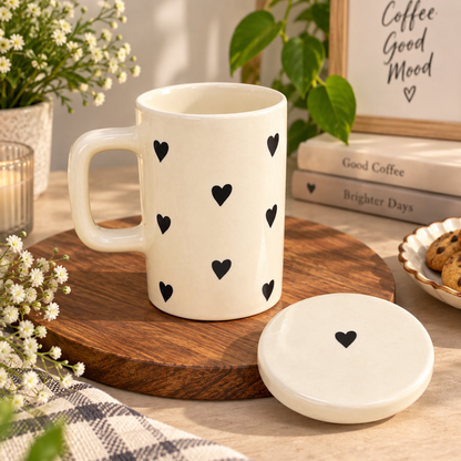 Black Heart Ceramic Mug with Lid – Aesthetic Coffee Mug