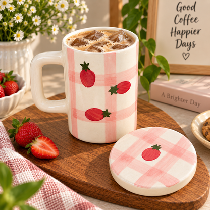 Strawberry Gingham Ceramic Mug with Lid – Hand-Painted Coffee Mug