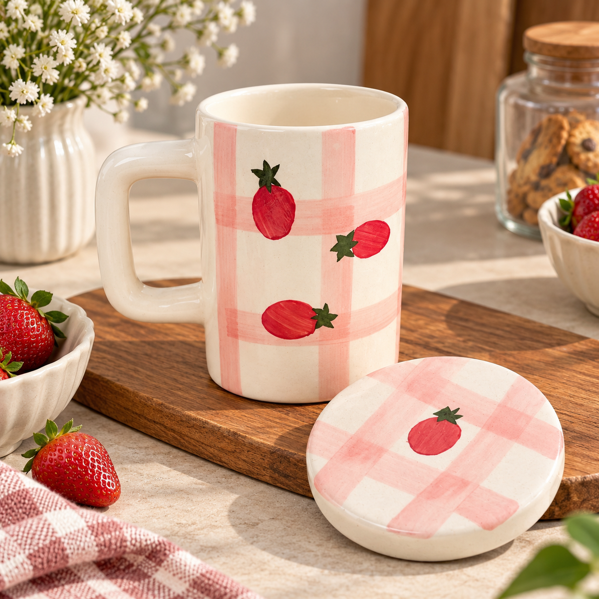 Strawberry Gingham Ceramic Mug with Lid – Hand-Painted Coffee Mug