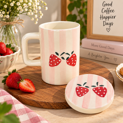 Strawberry Bliss Ceramic Mug with Matching Lid