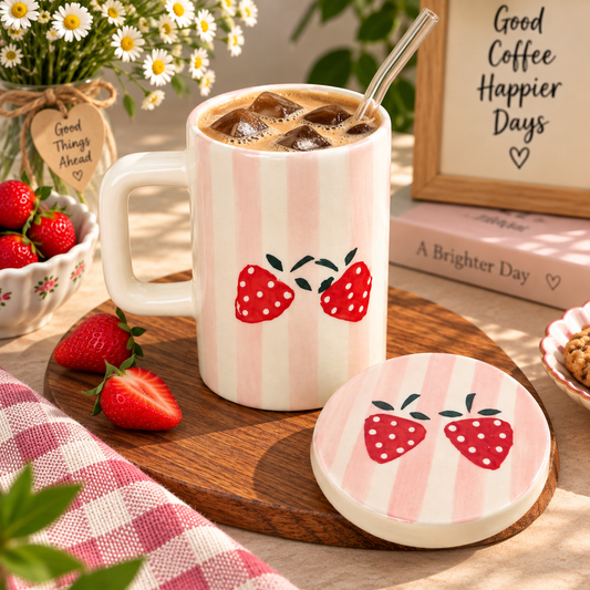Strawberry Bliss Ceramic Mug with Matching Lid
