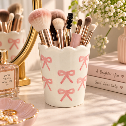 Pink Bow Scallop Ceramic Makeup Brush Holder