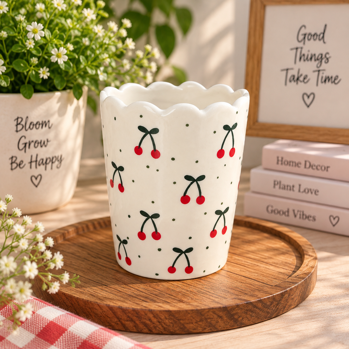 Cherry Love Scalloped Ceramic Multipurpose Holder