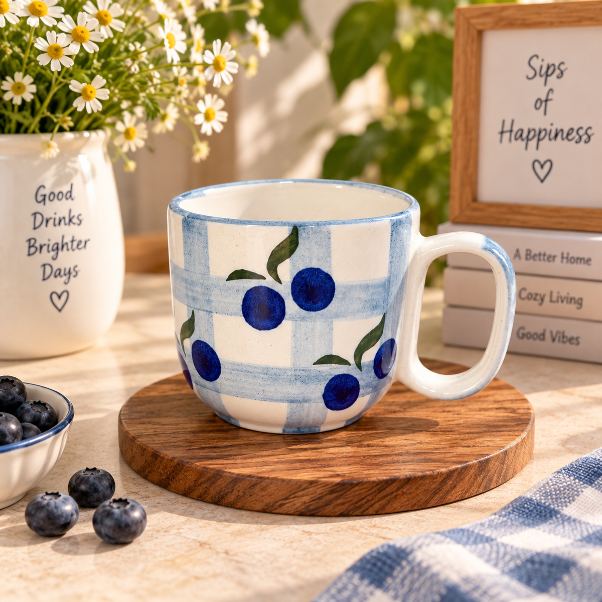 Blueberry Gingham Hand-Painted Ceramic Mug