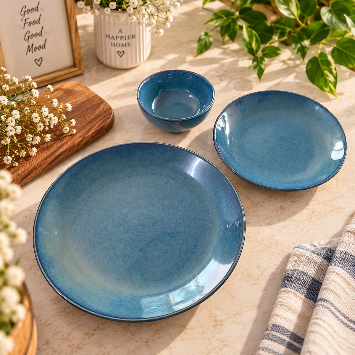 Ocean Blue Glazed Ceramic Dinner Set – 3 Piece