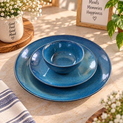 Ocean Blue Glazed Ceramic Dinner Set – 3 Piece