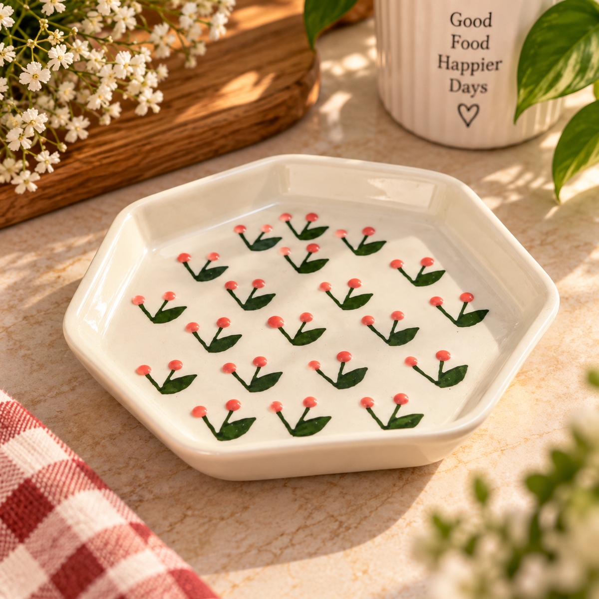 Pink Floral Hexagon Ceramic Brunch Plate – Handpainted Pinterest Style