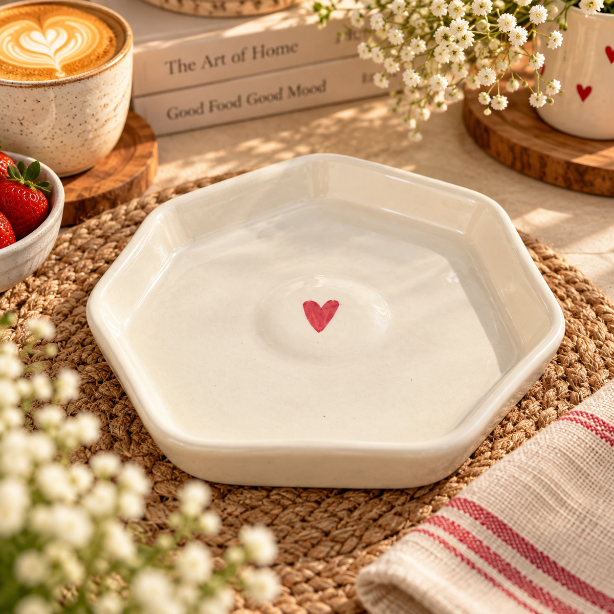 Red Heart Hexagon Ceramic Serving Plate | Aesthetic Brunch & Snack Plate