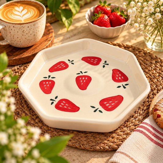 Strawberry Love Hexagon Ceramic Plate – Pinterest-Inspired Serving Plate