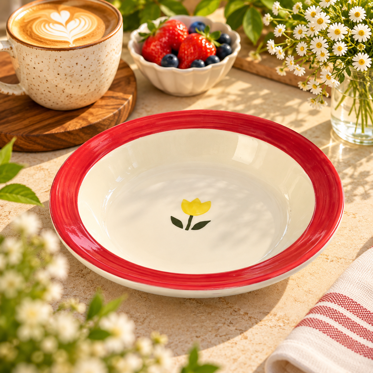 Yellow Tulip Red Rim Ceramic Pasta Plate