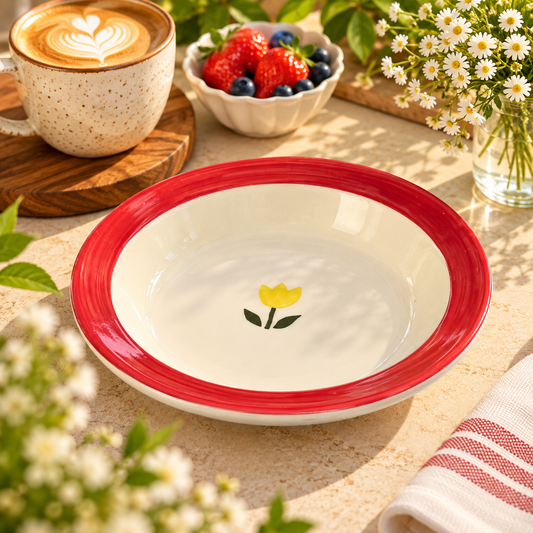 Yellow Tulip Red Rim Ceramic Pasta Plate