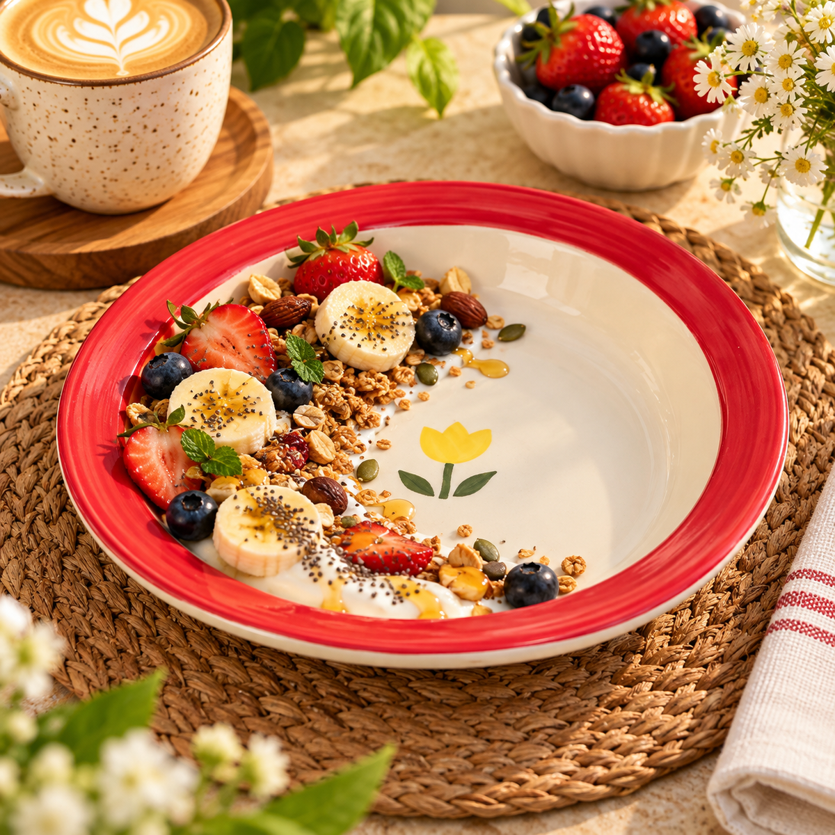 Yellow Tulip Red Rim Ceramic Pasta Plate