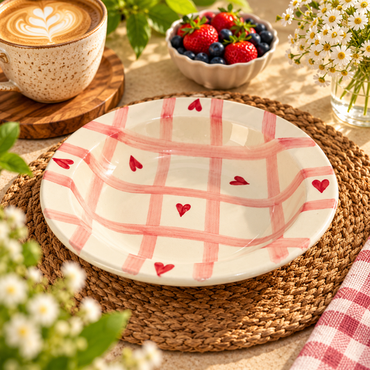 Pink Checkered Heart Ceramic Pasta Plate