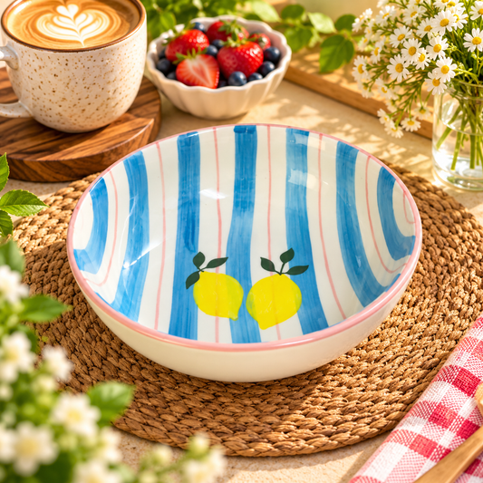Hand-Painted Lemon Stripes Ceramic Breakfast Bowl