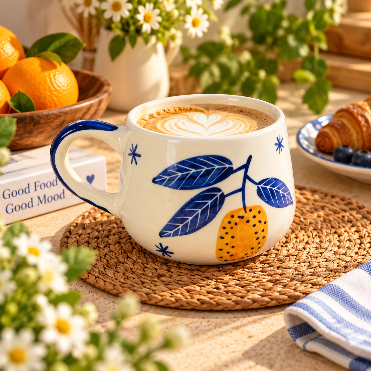Hand-Painted Orange & Blue Leaf Ceramic Coffee Mug – Pinterest Inspired