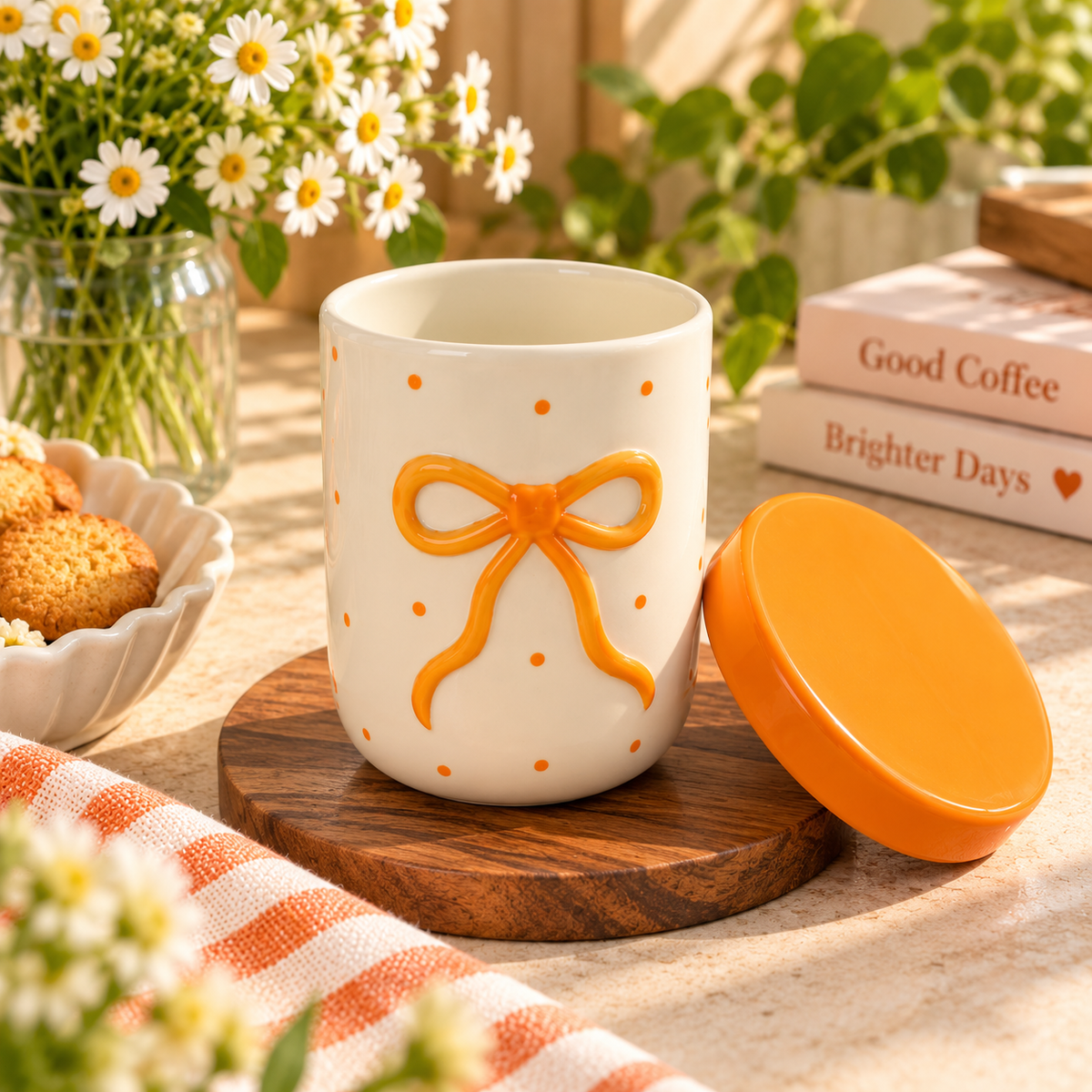 Orange 3D Bow Ceramic Jar with Lid – Aesthetic Storage Jar