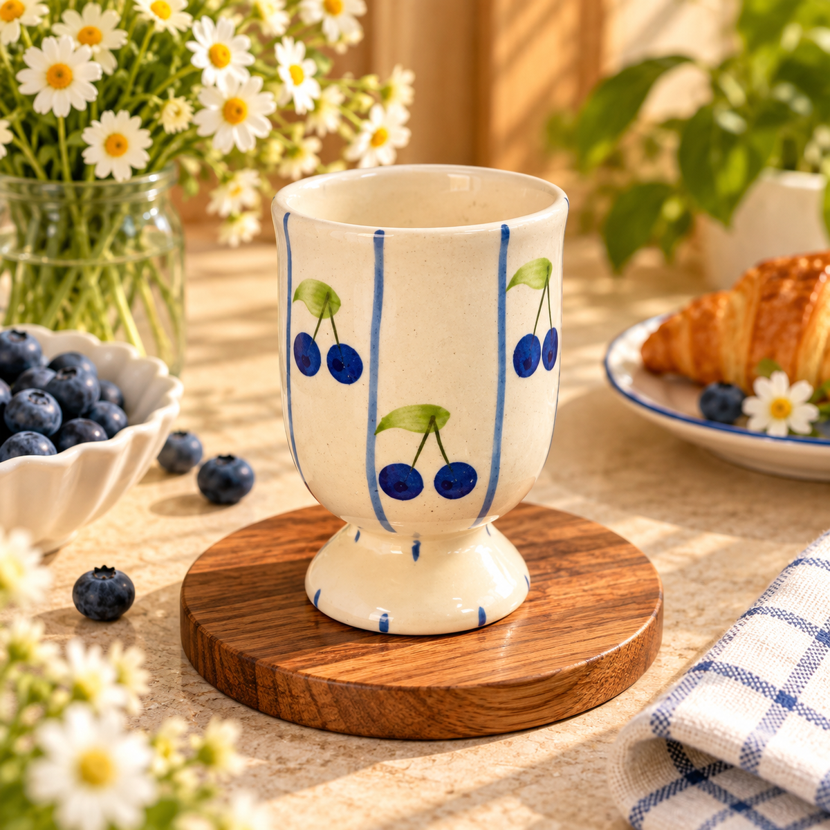Blue Cherry Hand-Painted Ceramic Pedestal Cup