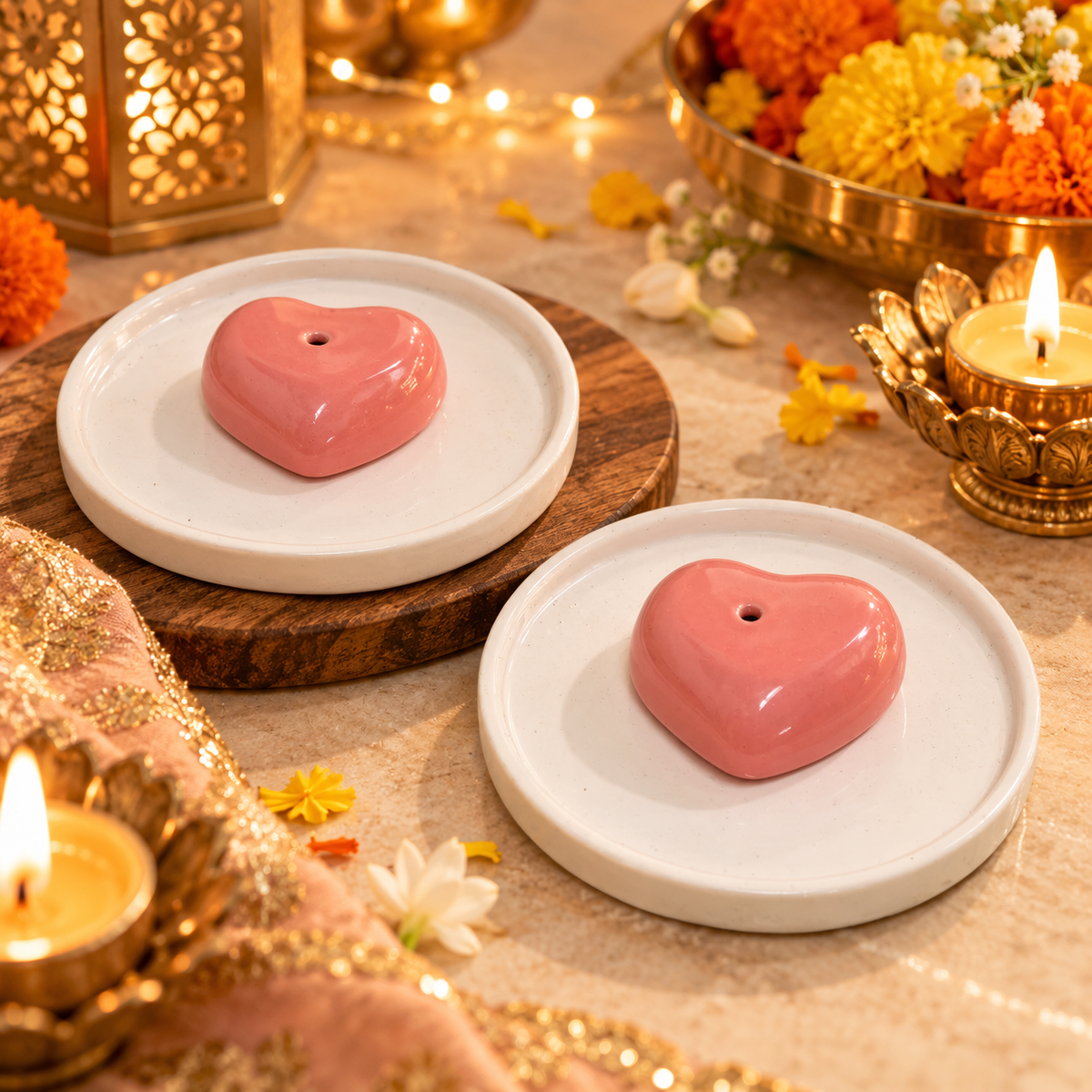 Pink Heart Ceramic Incense Stick Holder with Plate