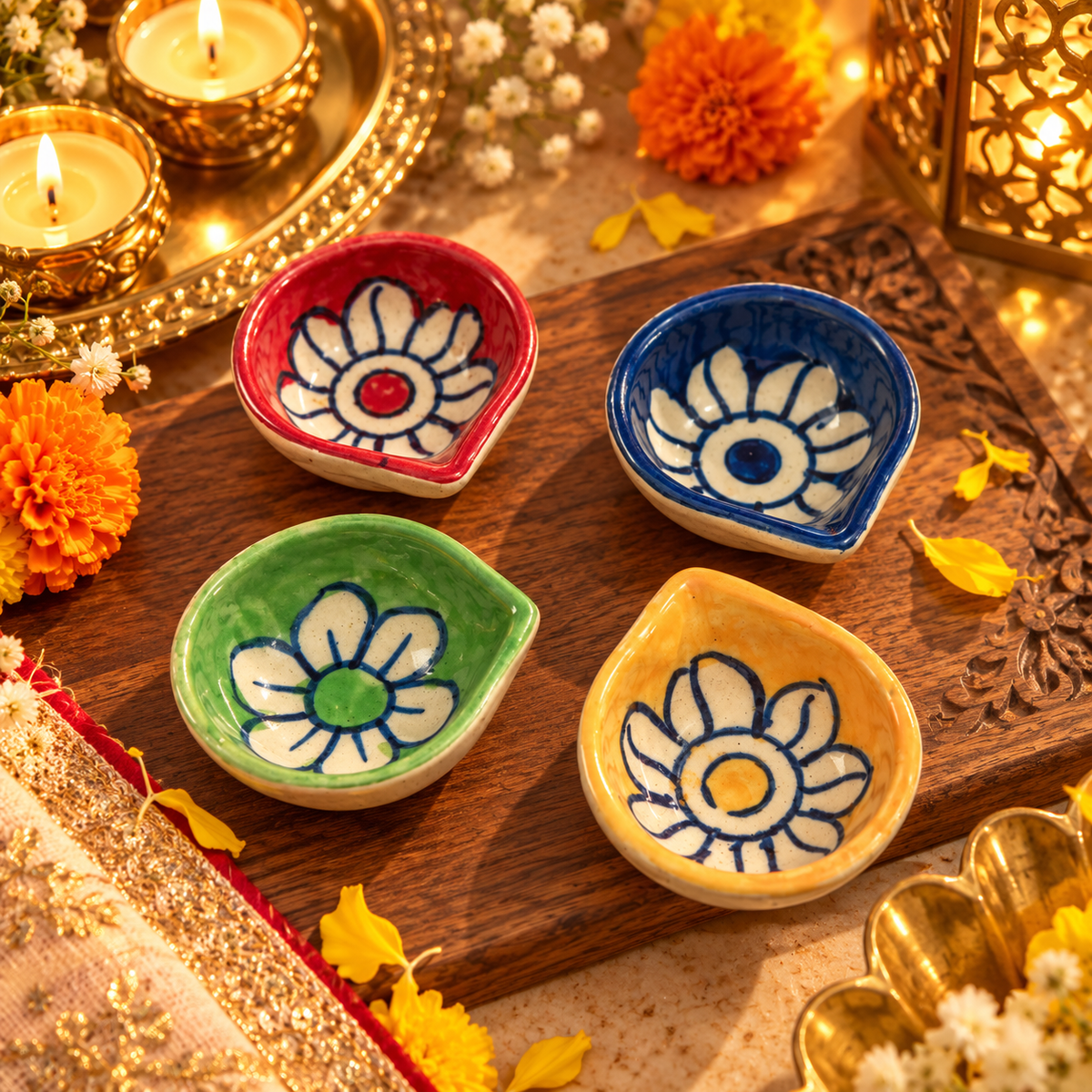 Hand-Painted Floral Ceramic Tealight Diya – Multicolor (Set of 4)