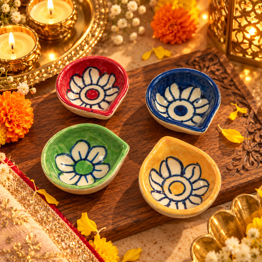 Hand-Painted Floral Ceramic Tealight Diya – Multicolor (Set of 4)