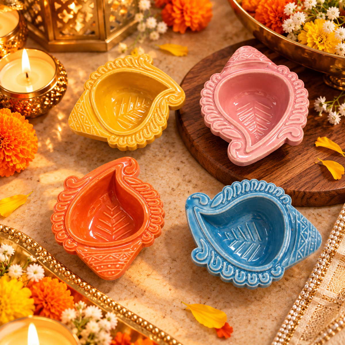 Traditional Embossed Ceramic Diya – Multicolor (Set of 4)