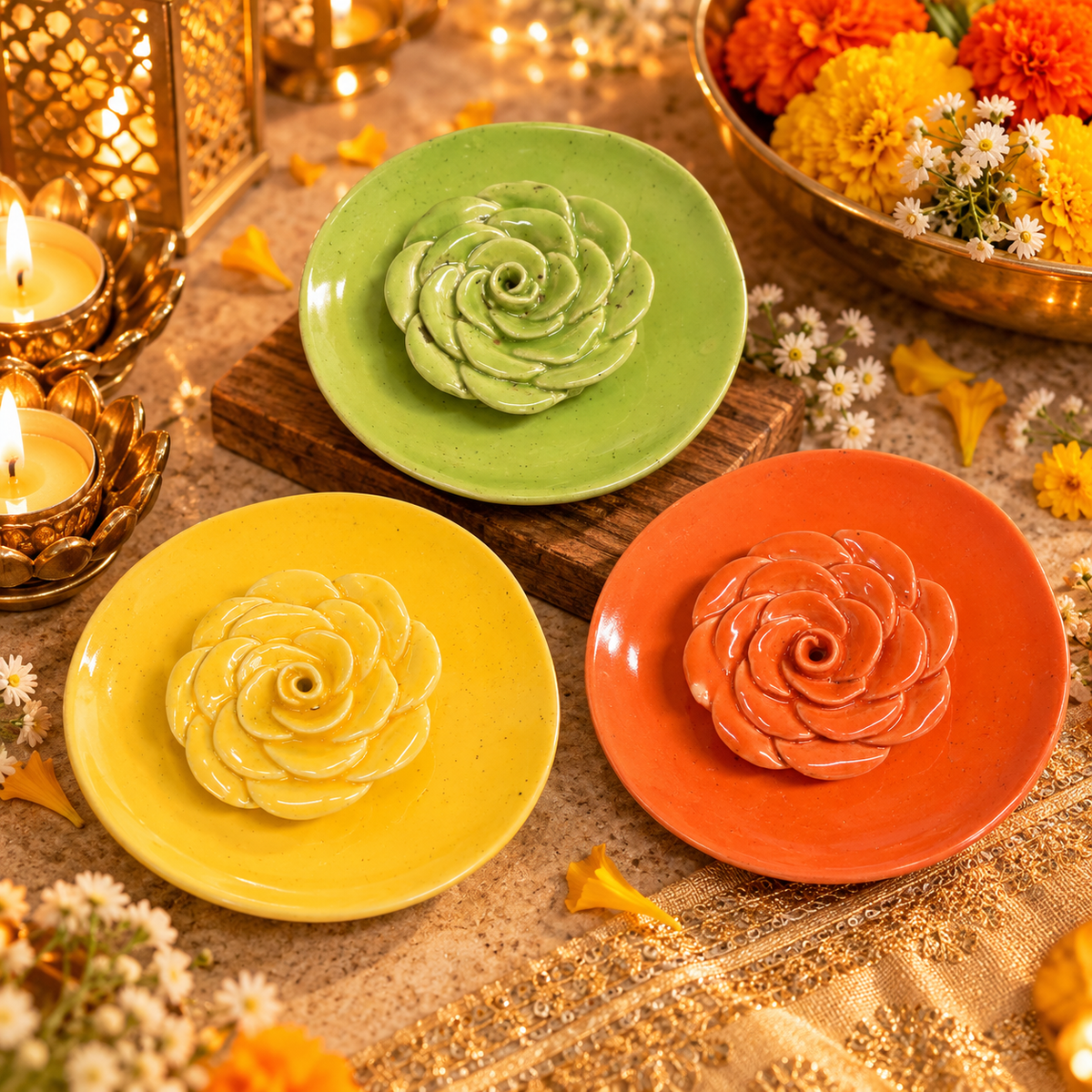 3D Rose Ceramic Incense Holder – Multicolor